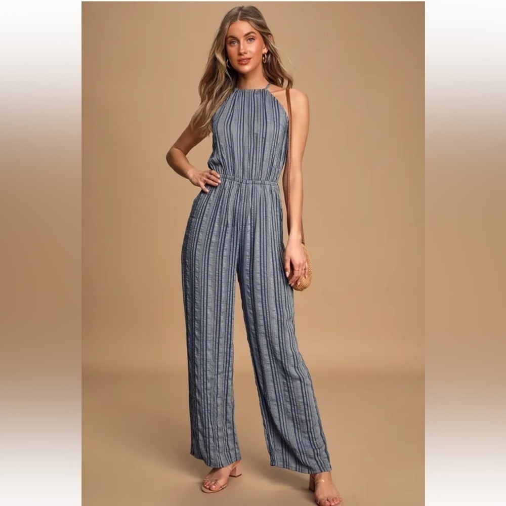 Lulu’s Destination Vacay Blue Striped Halter Wide-Leg Jumpsuit Size Medium